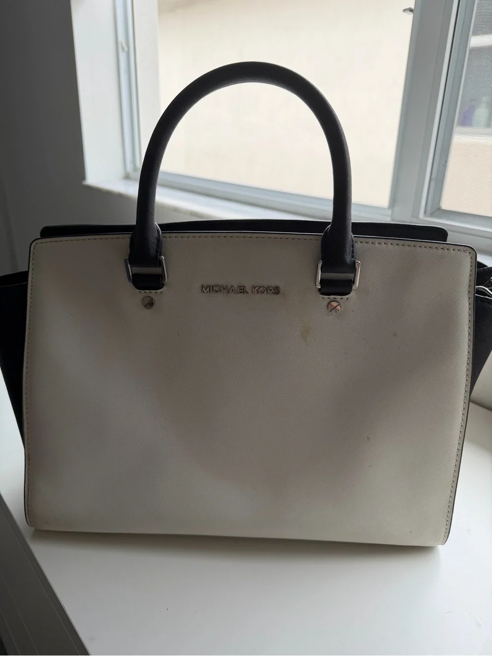 Michael Kors White & Black Saffiano Leather Satchel Shoulder Bag